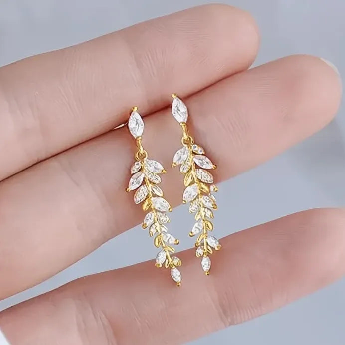 Gold Leaf Shaped Dangle Earrings with Sparkling Cubic Zirconia for Women