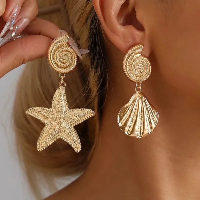 Asymmetric Seashell Pearl Starfish Drop Earrings Zinc Alloy Jewelry Gift Women