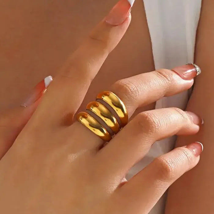 Stainless Steel Multi Layer Geometric Cocktail Ring for Women Gold Silver Jewelry