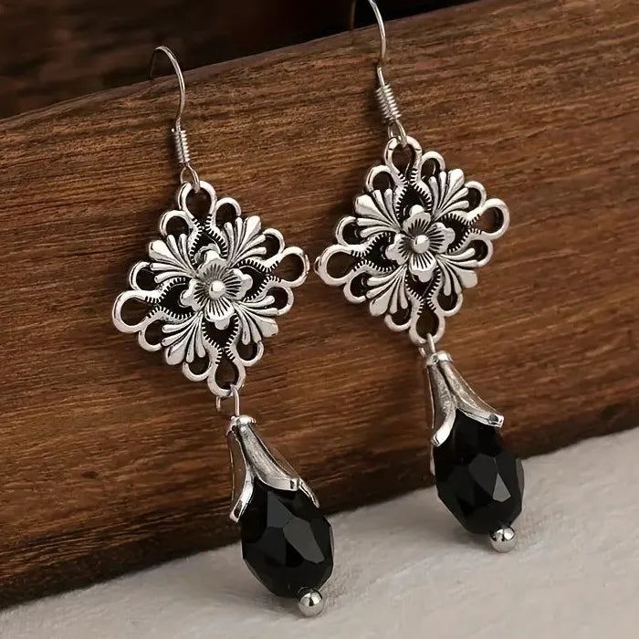 Vintage Silver Zinc Alloy Black Stone Geometric Hollow Flower Earrings for Women