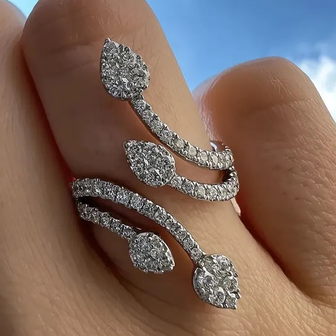 Adjustable Luxury Leaf Design Ring with Mini Cubic Zirconia Wedding Jewelry