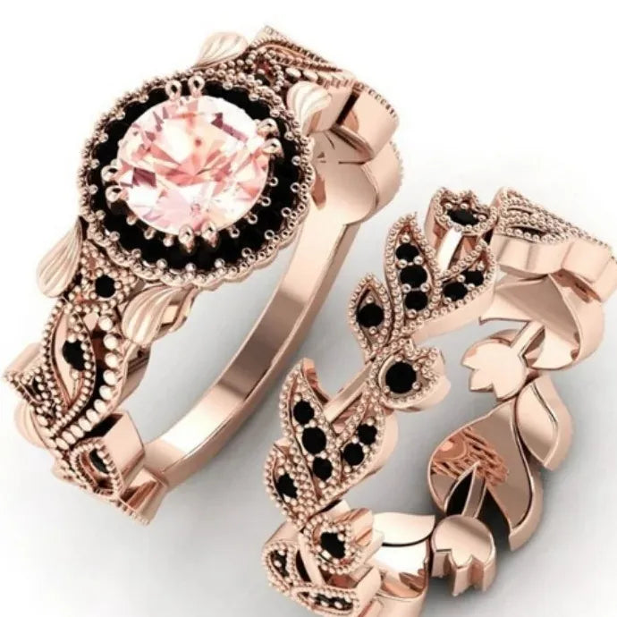 2 Pieces Rose Gold Black Zircon Flower Vine Wedding Ring Set with Champagne Stones