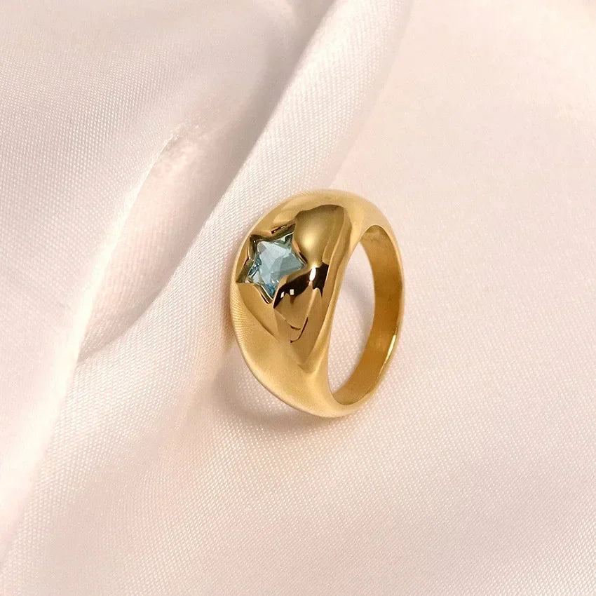 18K Gold PVD Stainless Steel Star Zircon Chunky Ring for Women Blue Pink Crystal