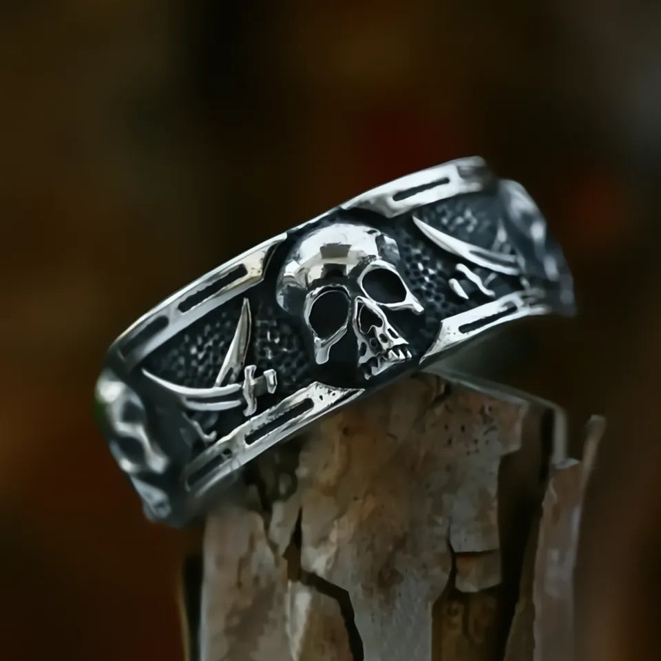 316L Stainless Steel Punk Vintage Skull Pirate Double Knife Ring Unisex Biker Jewelry Gift