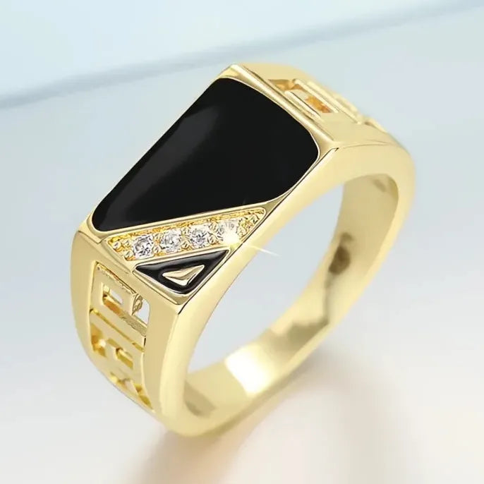 Gold Brass Women’s Wedding Band Ring Black Glaze Cubic Zirconia Hollow-Out