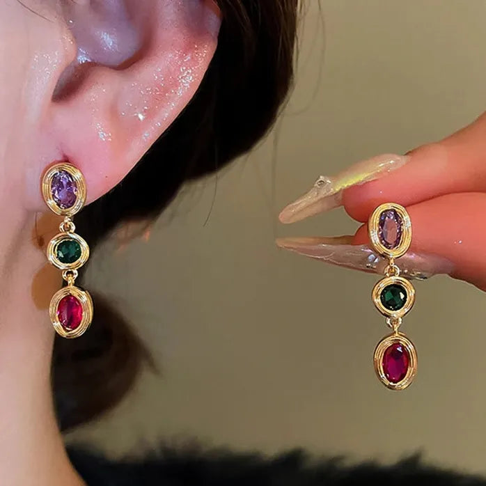 Classic Colorful Zircon Oval Drop Earrings for Women Vintage Style Jewelry