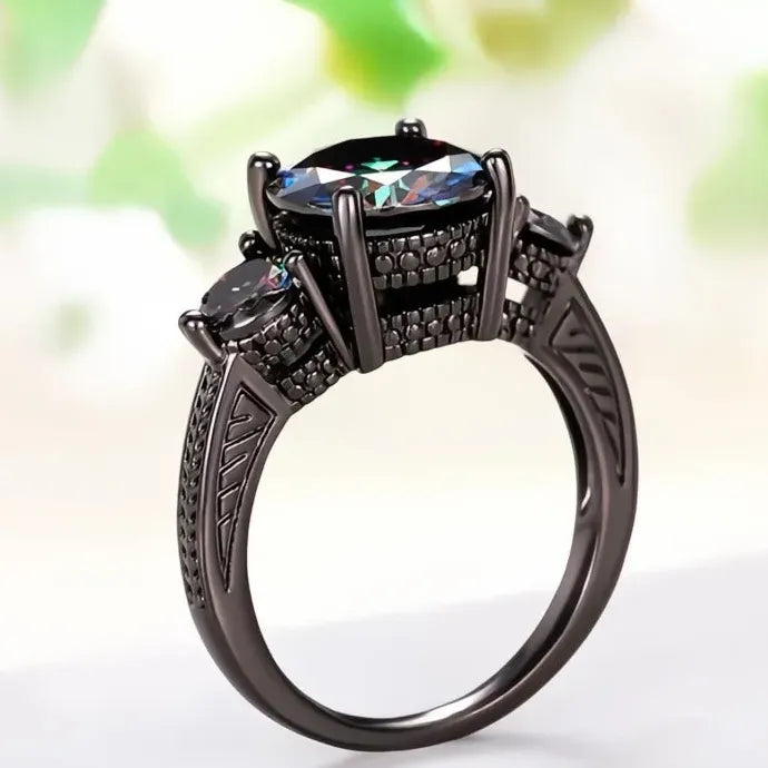 Black Cubic Zirconia Wedding Band Ring for Women Vintage Brass Finger Accessory