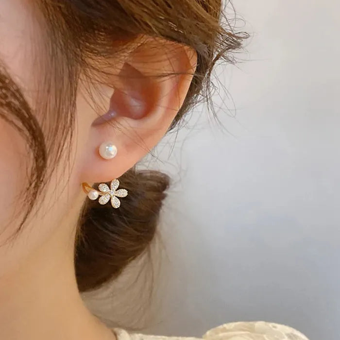 Pearl Rhinestone Flower Drop Earrings Zinc Alloy Crystal Jewelry Light Luxury