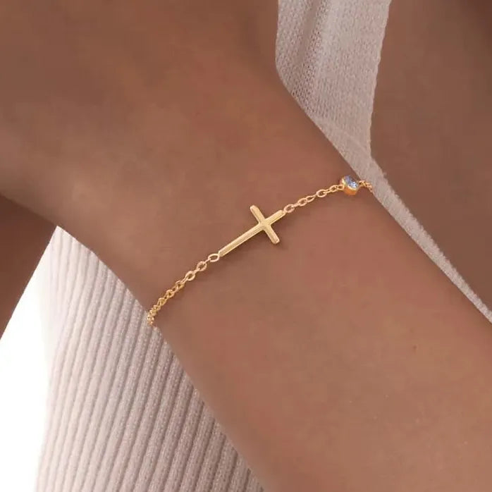 Gold Stainless Steel Cross Chain Bracelet for Women CZ Zircon Charm Gift