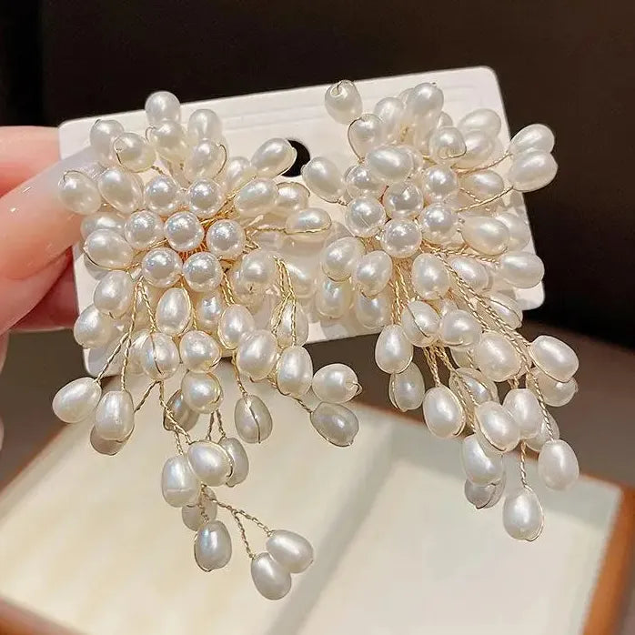 Vintage Imitation Pearl Flower Earrings for Women Handmade Beaded Tassel Jewelry