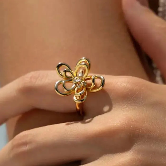 Adjustable Silver Zircon Skeleton Flower Ring for Women Copper Jewelry Gift