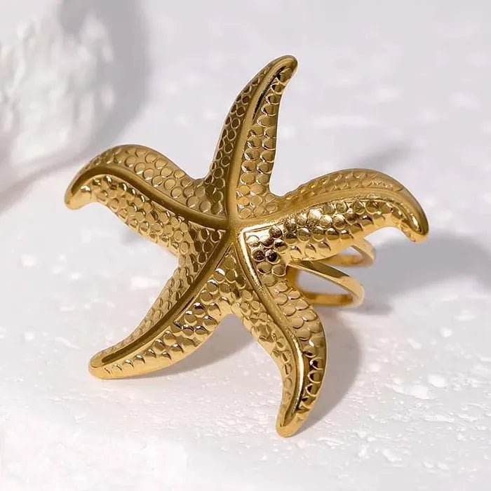 Adjustable Gold Stainless Steel Starfish Ring for Women Beach Jewelry