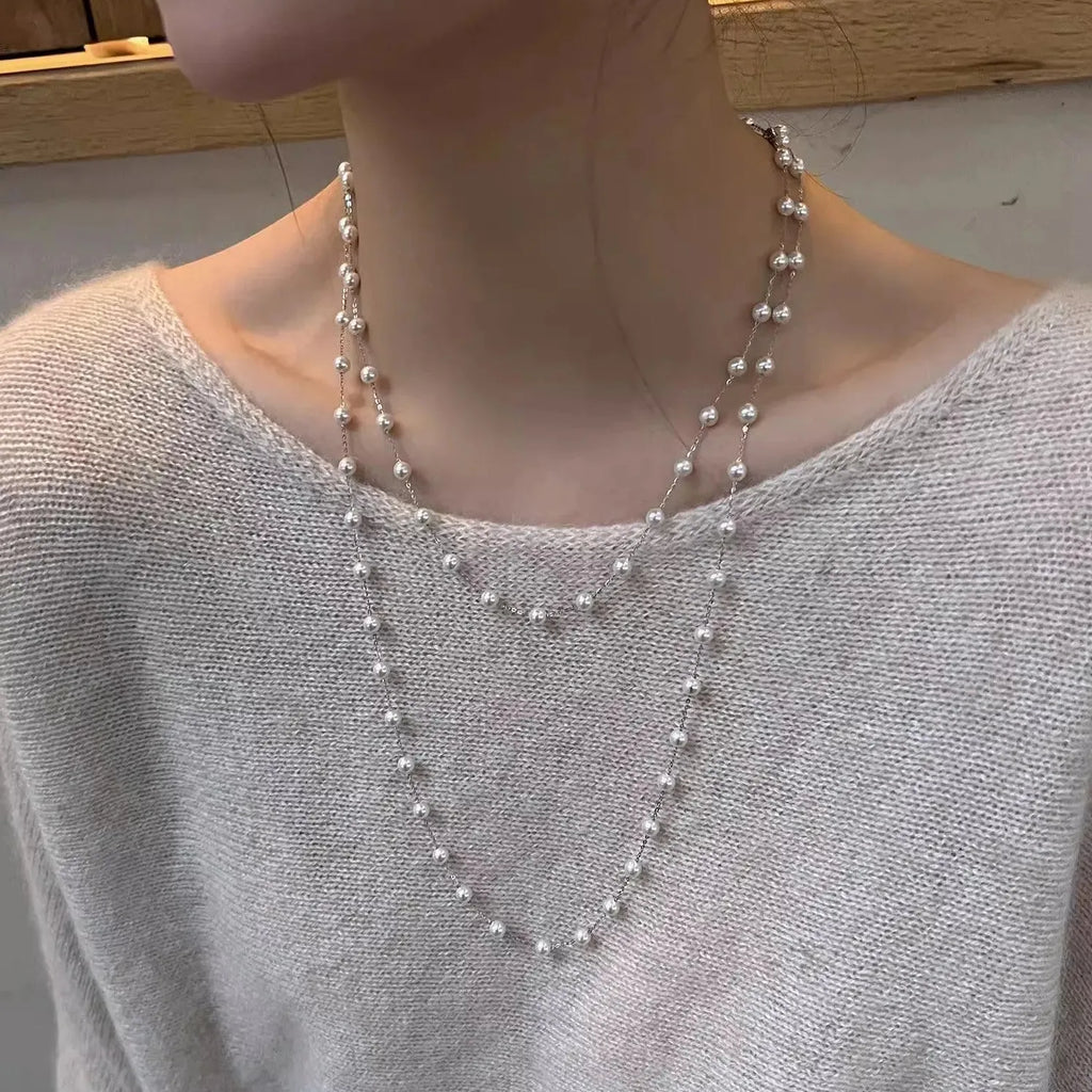 Imitation Pearl Choker Necklace for Women Double Layer Gold Chain Circle Pendant Gift