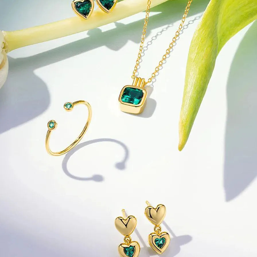 18K Gold Plated Blue Crystal Double Heart Earrings Necklace Ring Set Gift