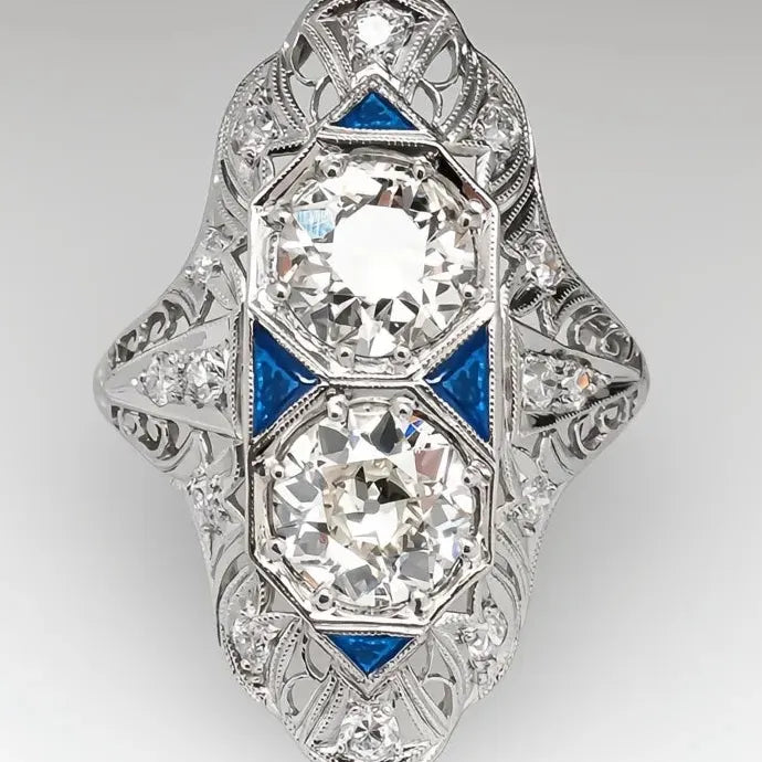 Vintage Blue Enamel Handmade Women’s Ring Brass Cubic Zirconia Gift