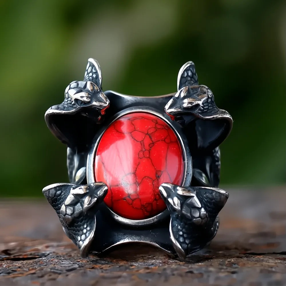 Four Snake Heads Ring 316L Stainless Steel – Red Zircon Punk Biker Ring