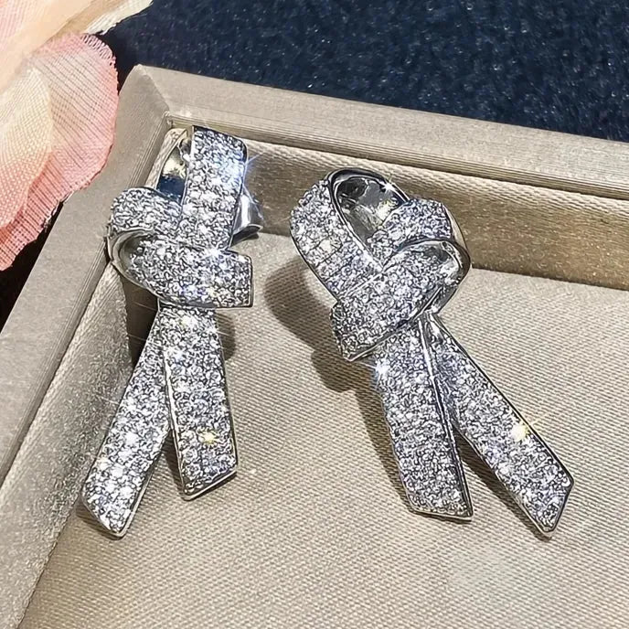 Bow Shaped Stud Earrings for Women Silver Color Sparkling Cubic Zirconia Fashion Jewelry