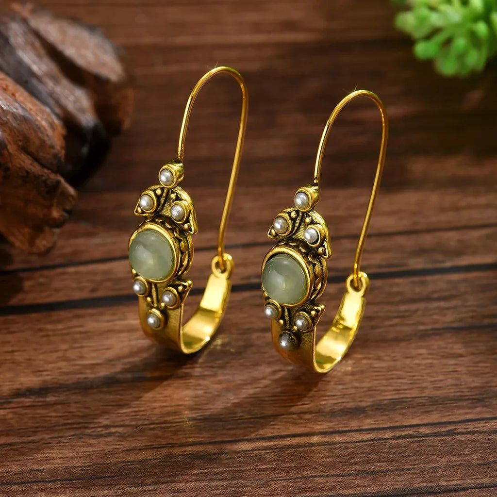 Retro Bohemian Copper Pearl Ring and Geometric Earrings Set for Women