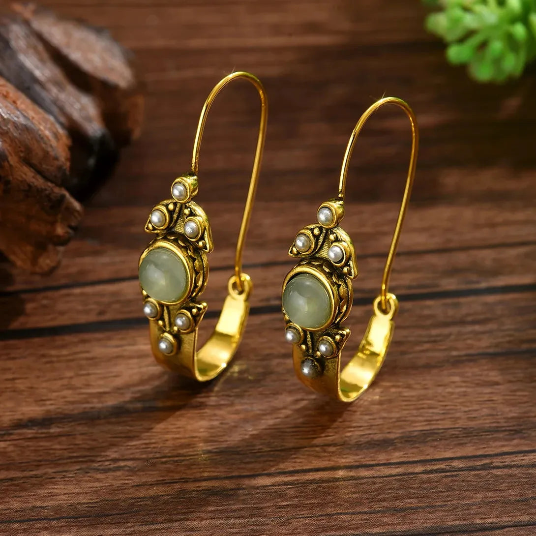 Retro Bohemian Copper Pearl Ring and Geometric Earrings Set for Women
