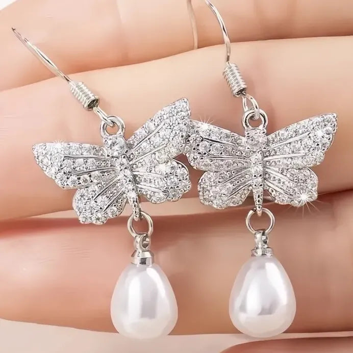 Butterfly Women’s Imitation Pearl Drop Earrings Cubic Zirconia Jewelry