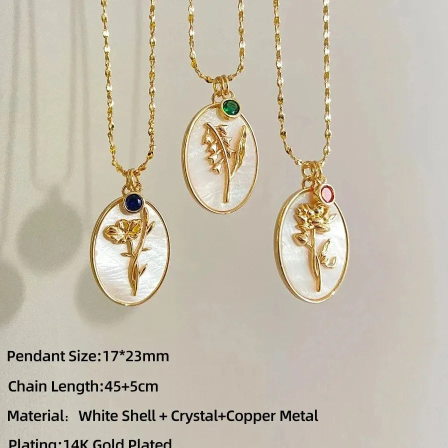 12 Month Birthday Flower Pendant Necklace Stainless Steel White Shell Choker Jewelry