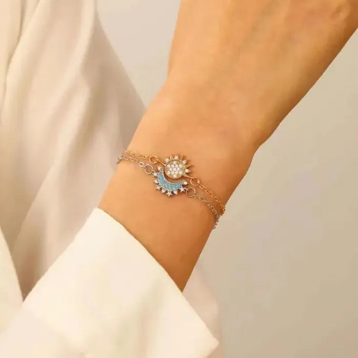 2Pcs Adjustable Copper Bracelets Sun Moon Star Rhinestone Gift Set