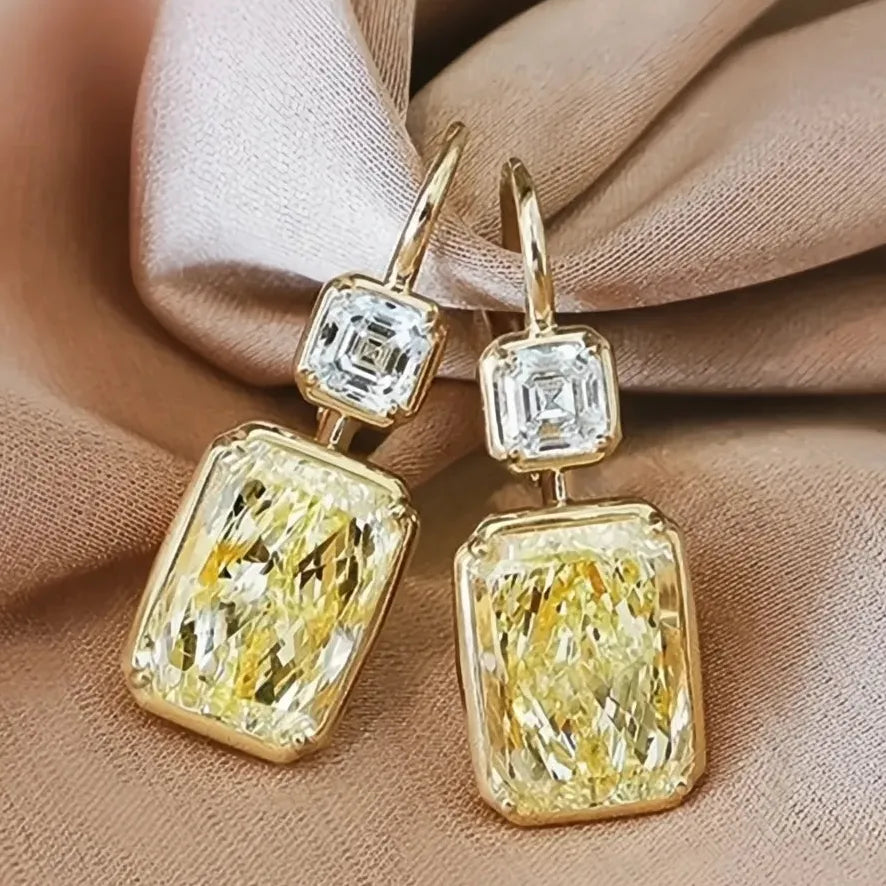 Simple Stylish Square Yellow Cubic Zirconia Drop Earrings Gold Color Fashion Jewelry for Women Wedding