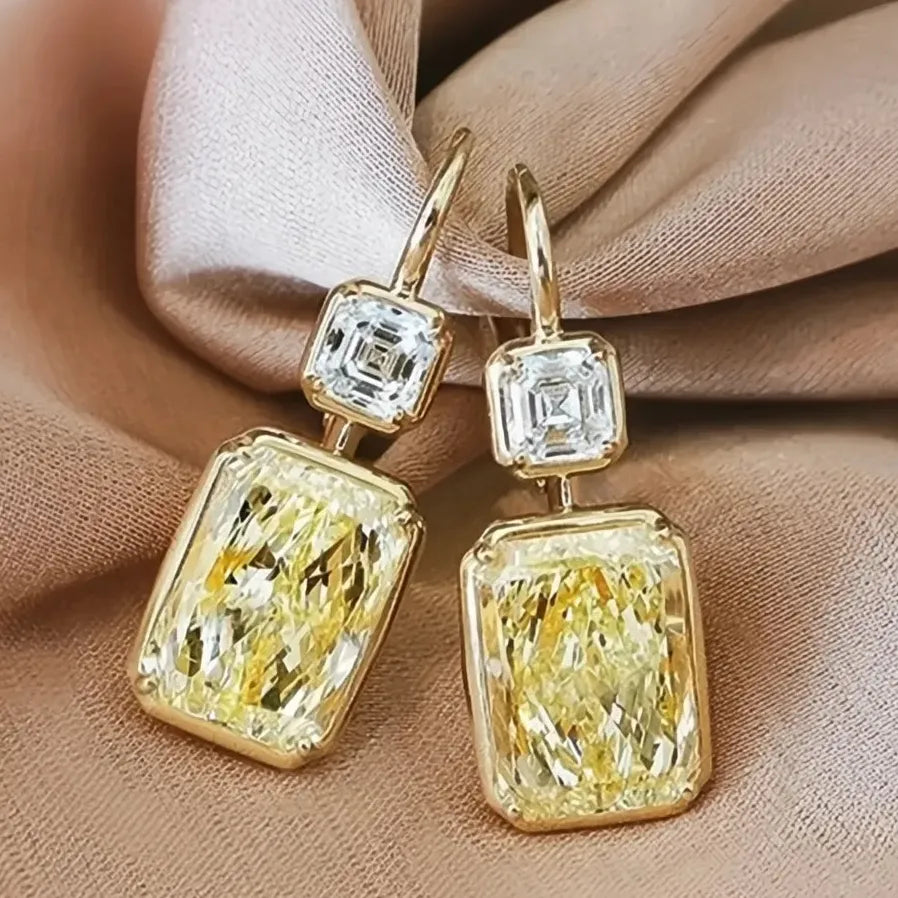 Stylish Square Yellow Cubic Zirconia Gold Color Women's Wedding Drop Earrings