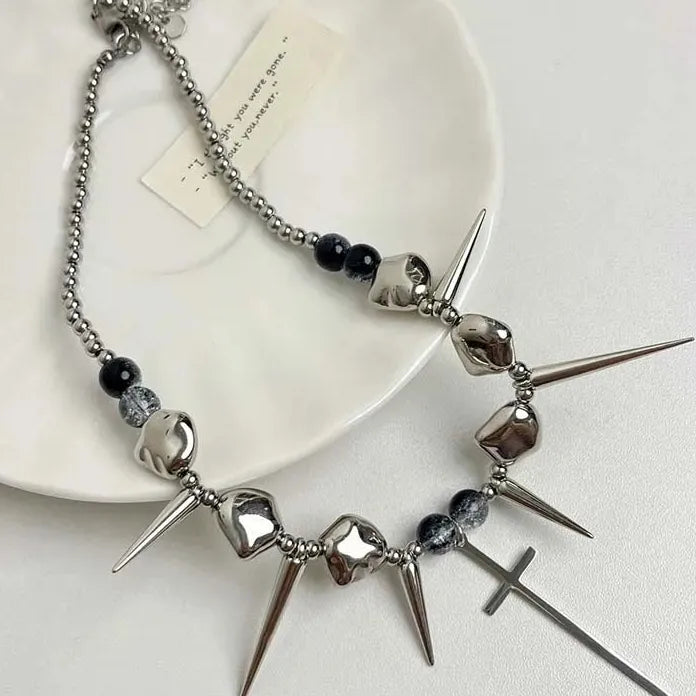 Retro Silver Rivet Cross Pendant Necklace Unisex Punk Hip Hop Y2K Gift
