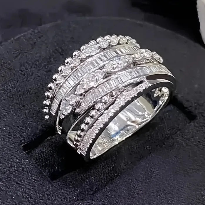Multi-layer Wide Cocktail Ring for Women Brass Cubic Zirconia Wedding Jewelry