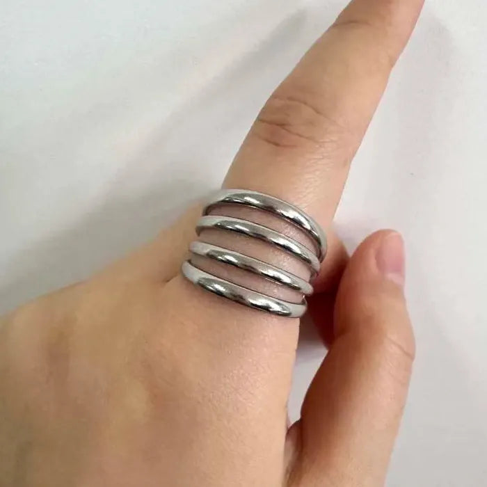 Stainless Steel Leaf Geometric Multi-Layer Open Cocktail Ring for Women Jewelry