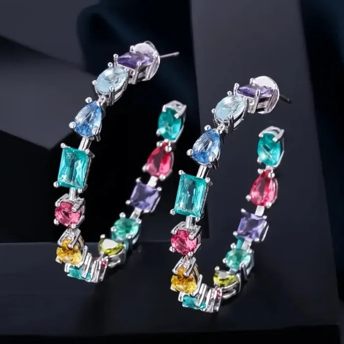 Geometric CZ Hoop Earrings Women Luxury Rainbow Copper Alloy Jewelry