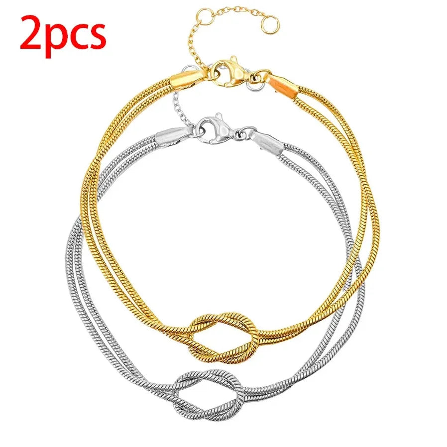 Gold & Silver Thin Snake Chain Couple Bracelet Stainless Steel Knot Unisex Bangle