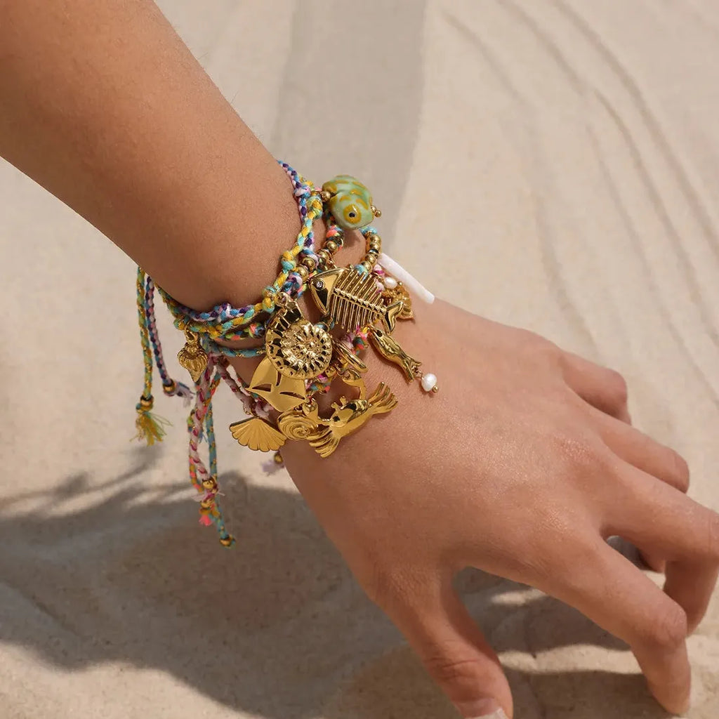 Handmade Woven Fish Bone Shell Pendant Bracelet Stainless Steel Jewelry Charm