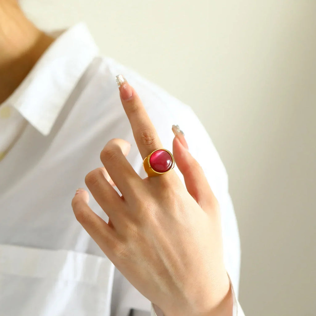 18K Gold Plated Stainless Steel Opal Ring Chunky Geometric Wedding Band Hypoallergenic