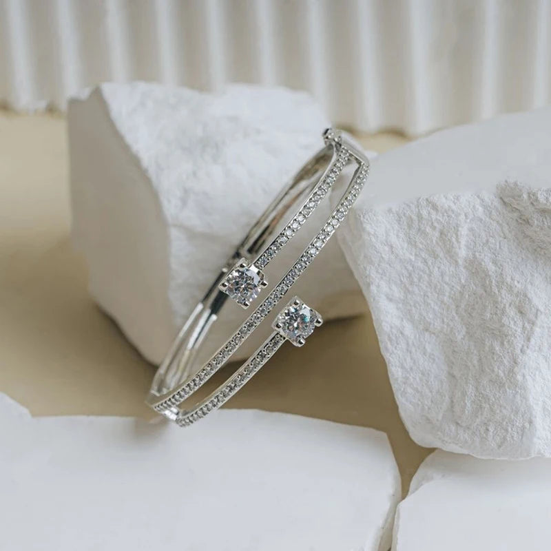 Women’s Silver Gold Copper Alloy CZ Geometric Bangle Bracelet Jewelry