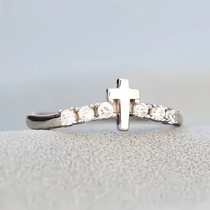 Brass Cross Ring with Cubic Zirconia Wedding Band Gift for Women