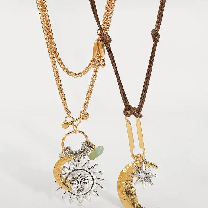 Layered Moon Sun Pendant Necklace for Women Zinc Alloy Vintage Punk Jewelry