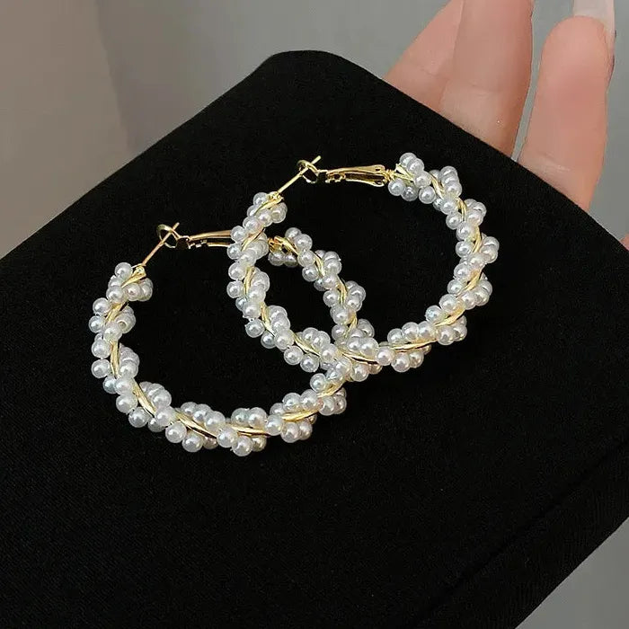 Korea Fashion Elegant Zinc Alloy Pearl Hoop Earrings for Women Gift