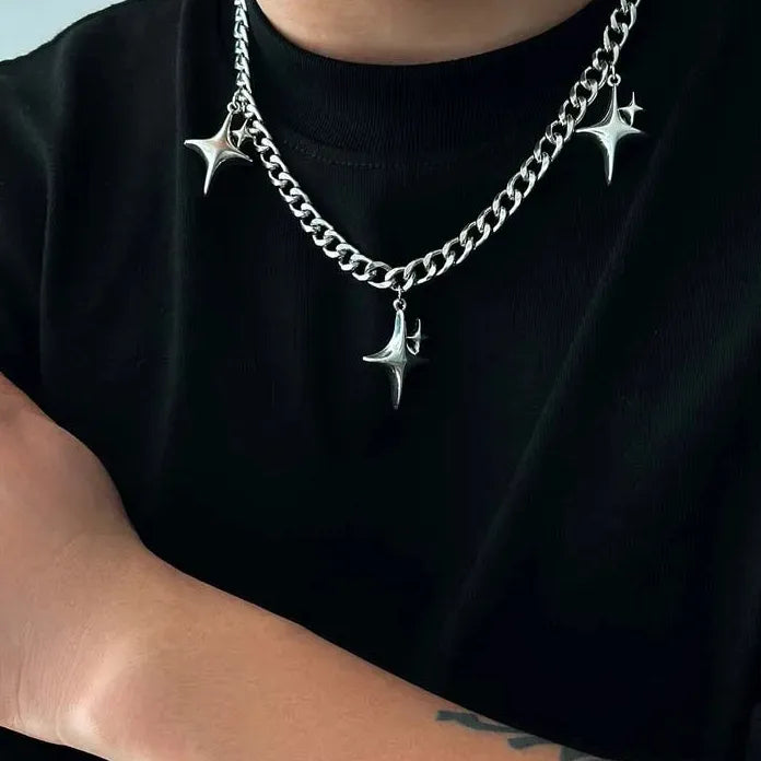 Silver Star Pendant Necklace Gothic Hip Hop Cuban Chain Y2K Jewelry Trendy