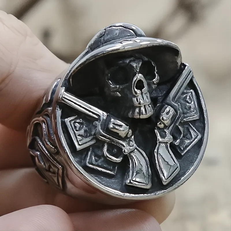 Vintage Cowboy Double Gun Skull Ring Men’s 316L Stainless Steel Punk Biker Hip Hop Jewelry