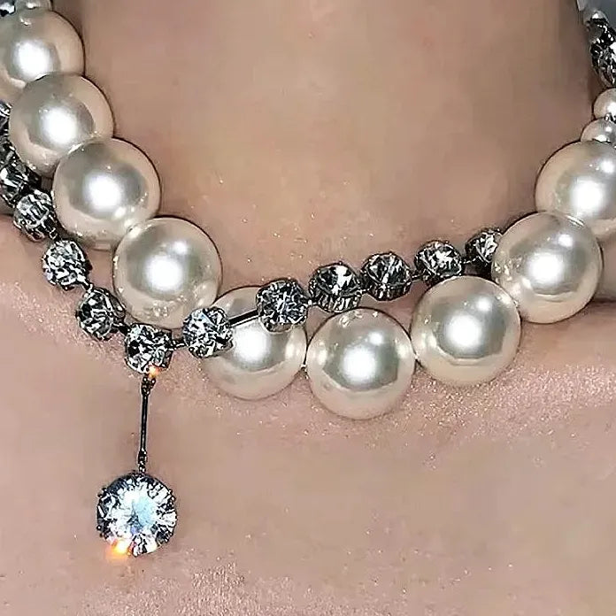 Double-Layer Punk Imitation Pearl Necklace Featuring Zircon Geometric Pendant for Men Women