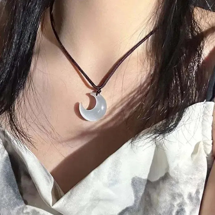 Chinese Style Opal Moon Pendant Necklace Women Acrylic Beaded Chain Gift