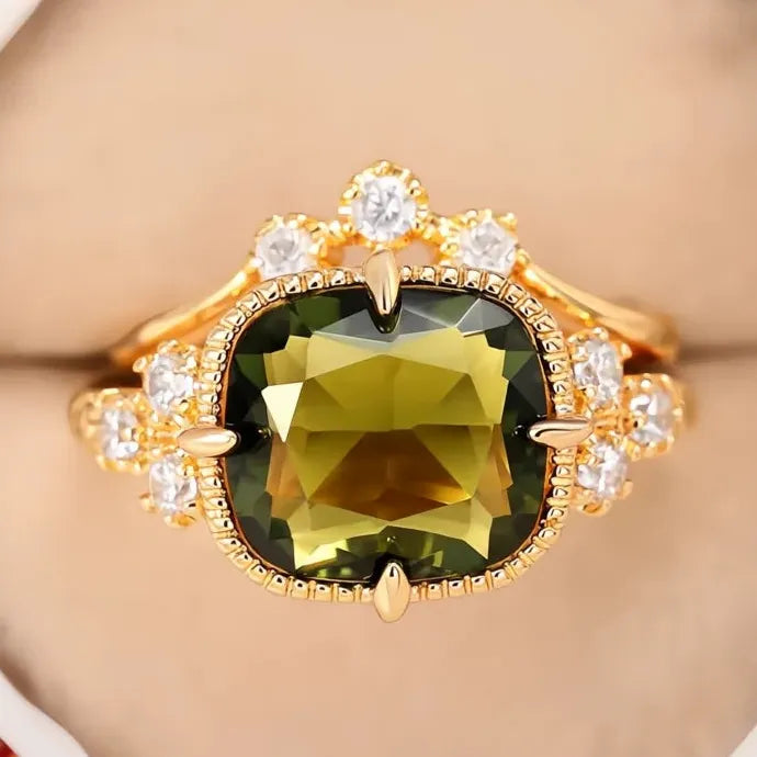 Green Stone 2-Piece Gold Color Bridal Wedding Rings Set Cubic Zirconia