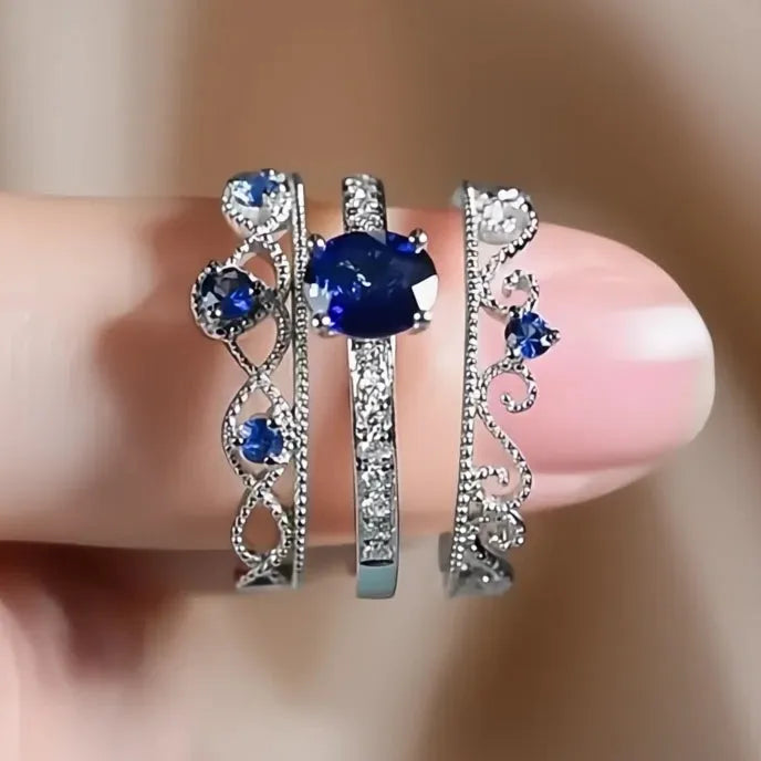 Noble Blue Cubic Zirconia 3Pcs Rings Set for Women Wedding Party Silver Color Luxury Fashion Jewelry