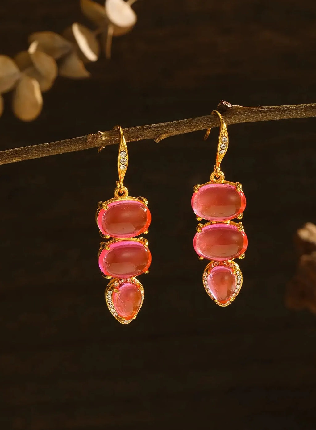 Pink Synthetic Gemstone Water Droplet Heart Earrings Zinc Alloy Christmas Gift