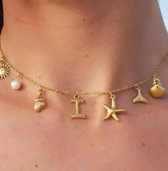 Copper Surfer Girl Seashell Initial Choker Necklace Beach Jewelry Gift