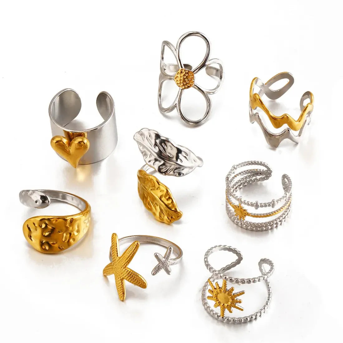 Vintage Stainless Steel Starfish Heart Flower Leaf Rings for Women Gifts Jewelry