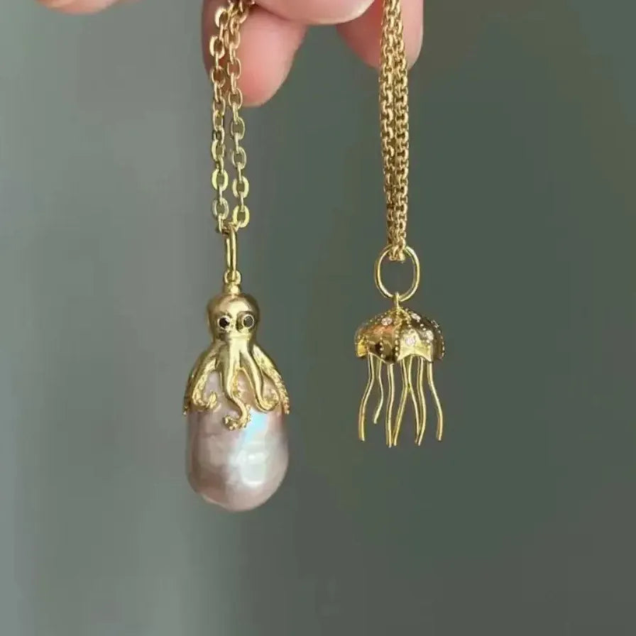 18K Gold Plated Octopus Pearl Necklace Ocean Jewelry Dainty Choker Pendant