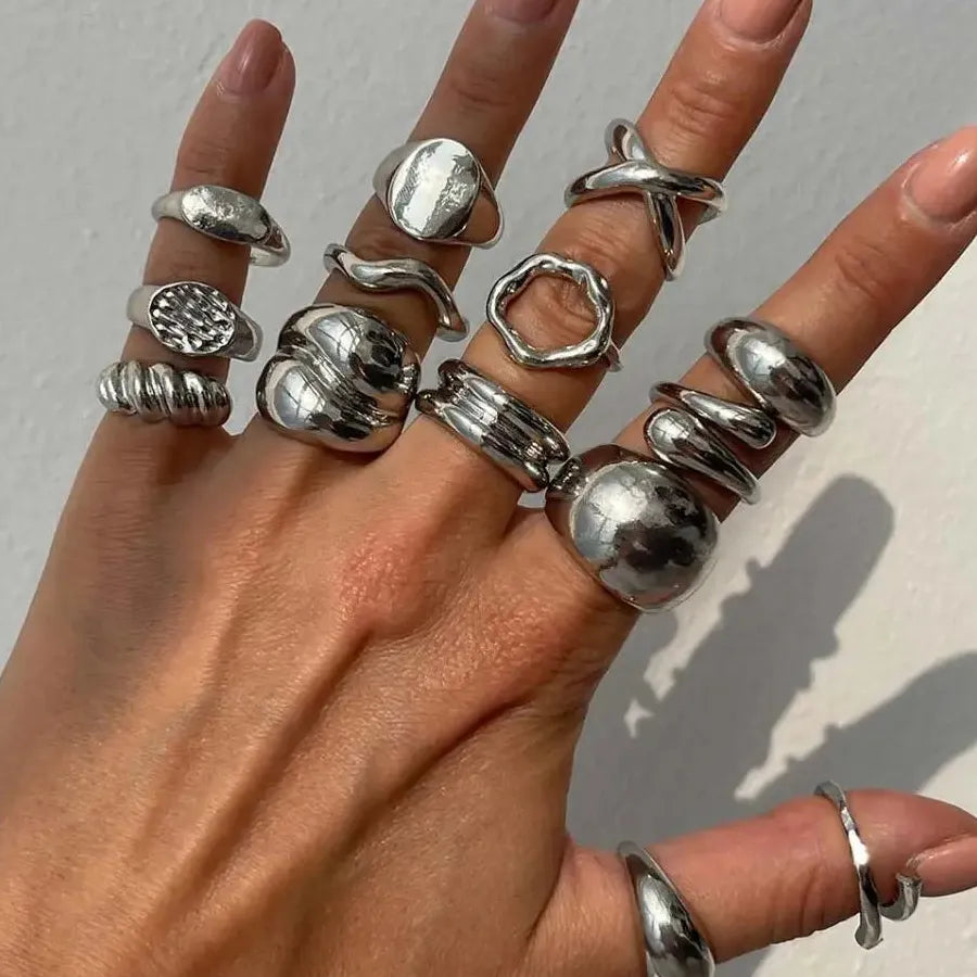 14Pcs Vintage Silver Punk Hiphop Metal Knuckle Rings Geometric Design for Women Men